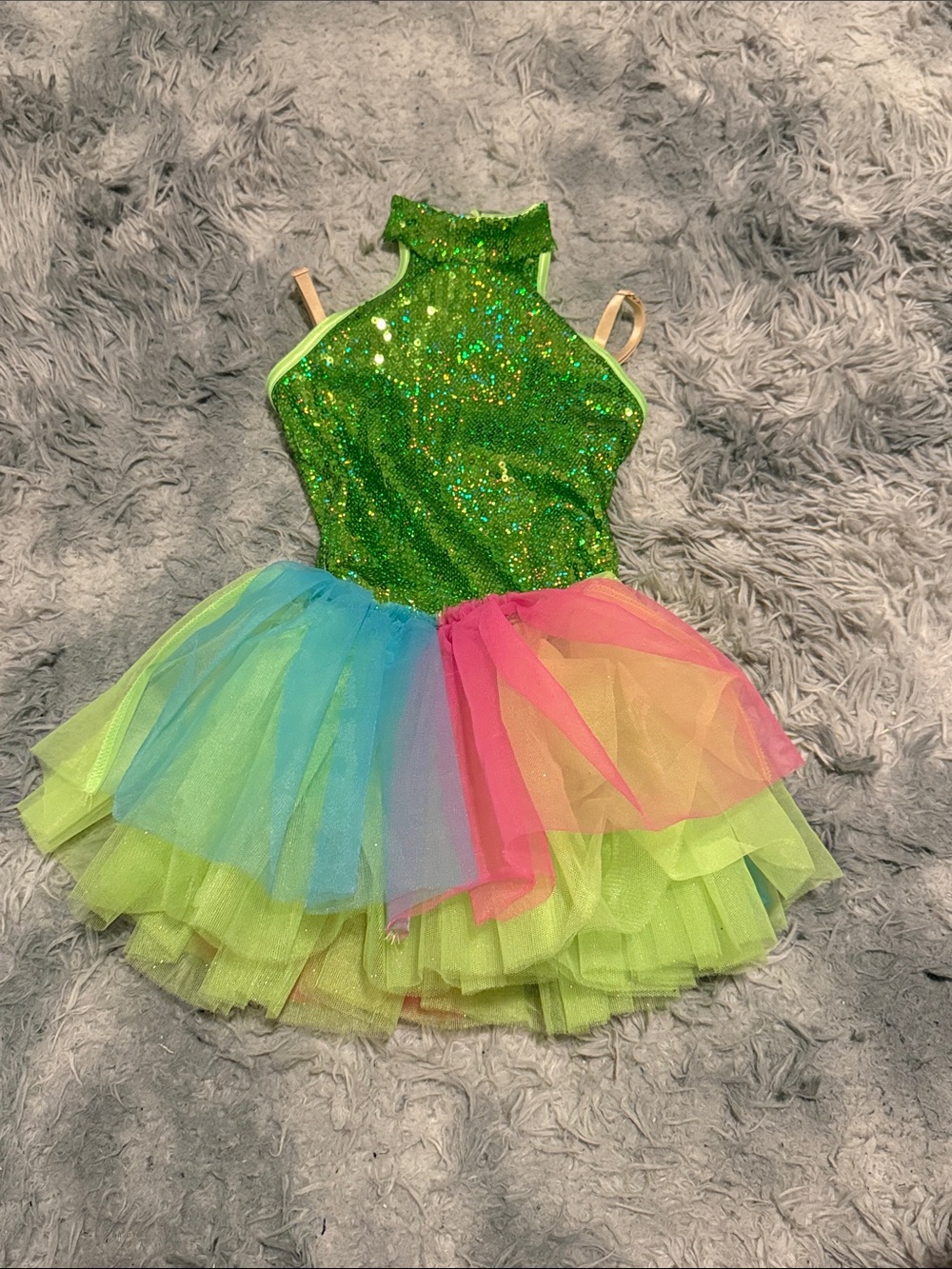 Weissman Green Sequin Halter Tutu Dress with Rainbow Tulle